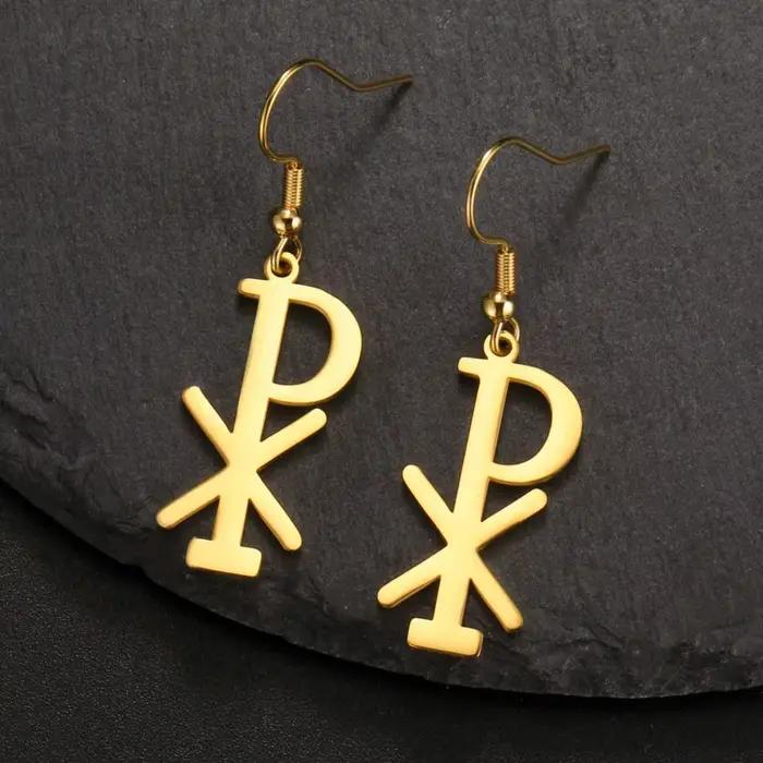 LIKGREAT Boucles d'oreilles Chi-Rho chrétiennes pour femmes, pendentif croix religieuse en acier inoxydable, amulette religieuse, bijoux uniques, cadeau