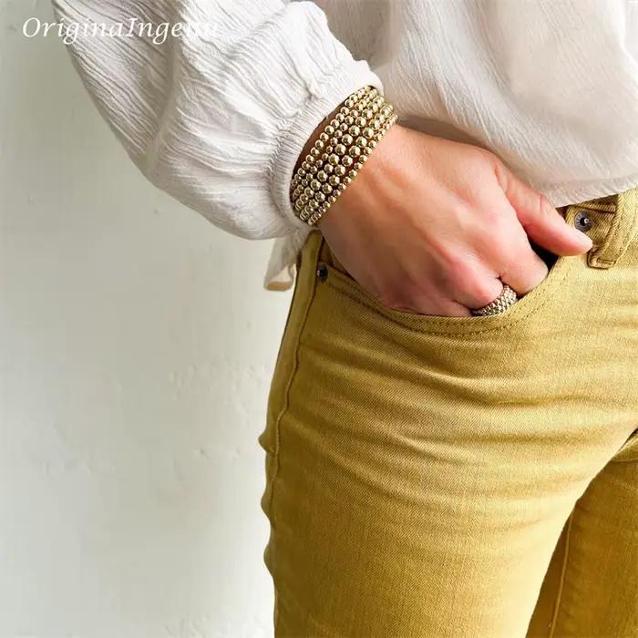 Bracelet élastique en perles d'or fait à la main, rempli d'or 14K, résistant au ternissement, bijoux Boho Vintage pour femmes