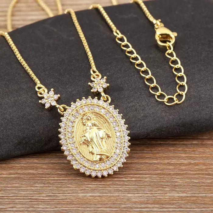 Collier rétro avec pendentif à breloque en Zircon pour femmes, forme ronde de la vierge marie, brillant, Vintage, bijoux de croyant, cadeau de fête quotidien, nouvelle collection