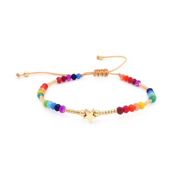 Bracelet en corde à main plaqué or 18 carats, breloque en forme de cœur, perles de cristal arc-en-ciel, Simple, Style européen et américain pour filles
