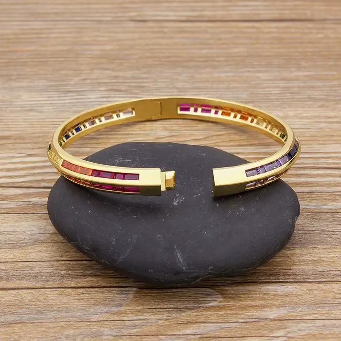 AIBEF – Bracelets à breloques arc-en-ciel en strass, manchette en cuivre et zircone, bijoux de haute qualité, cadeau pour femmes et filles, nouvelle mode 2021