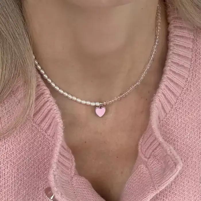 Collier pendentif coeur en cristal pour femmes, style Boho Barlotte, chaîne de perles d'imitation, bijoux, cadeau de saint valentin, N526