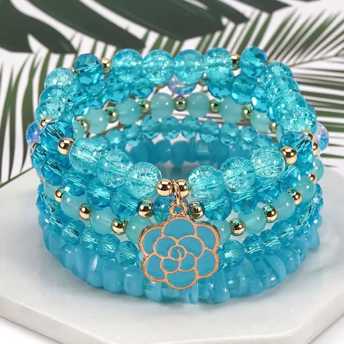 Ensemble de bracelets bohèmes à breloques fleur marguerite et perles de cristal colorées pour femme, accessoire de bijouterie de main pour l'été et la plage, chaînes de poignet style bohème