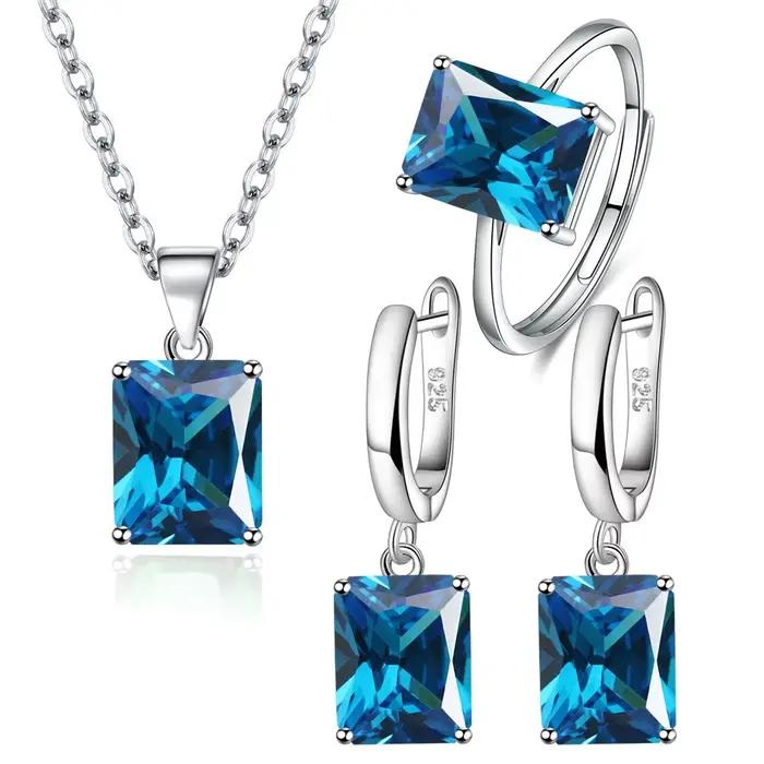 Ensemble de bijoux élégants en argent Sterling 925, bague, boucles d'oreilles, collier pour femmes, géométrie rectangulaire, Zircon, accessoires de mariage