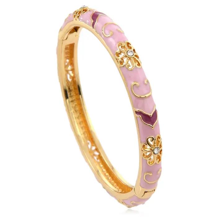 Bracelet manchette de luxe style ethnique doré avec fleurs émaillées multicolores et zircons pour femme, bijou bohème, cadeau de mariée