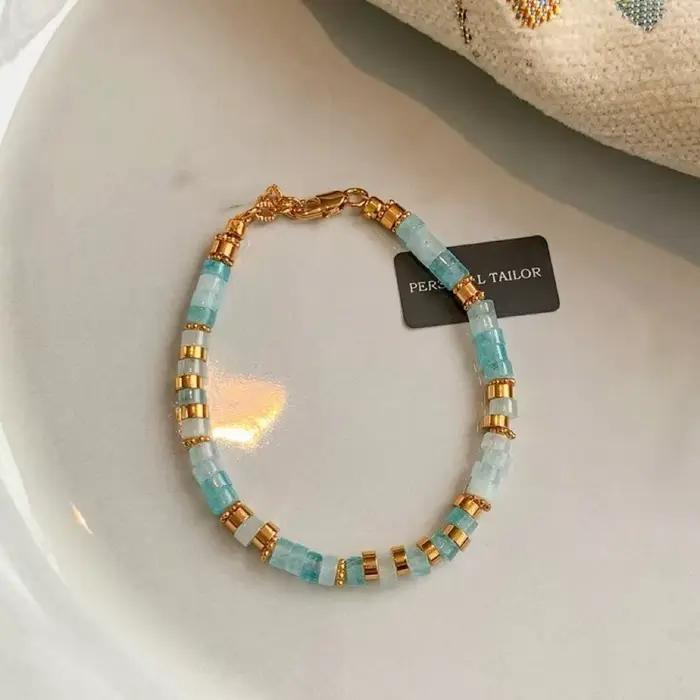 Collier de perles aigue-marine en pierre naturelle colorée pour femmes, fait à la main, léger, de luxe, petit arc de jaspe chinois, chaîne de cou, bijoux