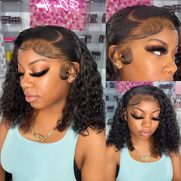 Perruque Lace Front 13x4 Courte Bouclée Bob 230% Pré-épilée, Ondulations Profondes, Perruque Frontale 4x4 en Dentelle, Cheveux Humains Brésiliens Remy 100%, 14 Pouces