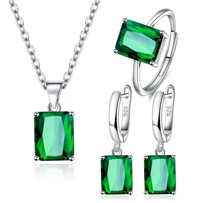 Ensemble de bijoux élégants en argent Sterling 925, bague, boucles d'oreilles, collier pour femmes, géométrie rectangulaire, Zircon, accessoires de mariage