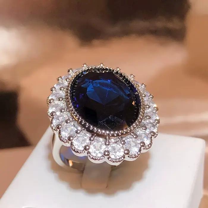 Bague de couple en diamant plaqué argent pour femme, saphir dominateur, grand nar, bleu foncé, géométrique, cadeau de bijoux pour les travailleurs, nouveau
