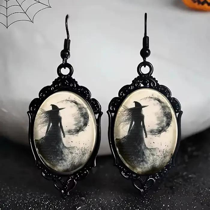 Boucles d'oreilles asymétriques en forme de pissenlit noir pour femmes, bijoux gothiques ovales en verre