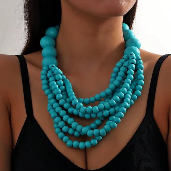Collier bavoir multicouche en perles de bois pour femmes, Style africain bohème, fait à la main, accessoires de bijoux d'été, collier ras du cou