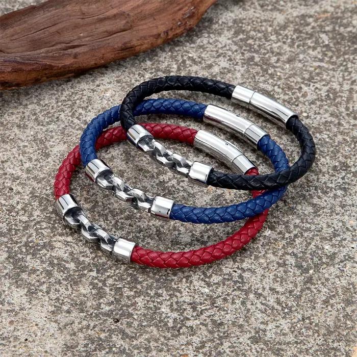 Bracelet en cuir tressé noir/rouge/bleu 6mm pour hommes, fait à la main, chaîne à maillons en acier inoxydable, bijoux Vintage, cadeaux de Couple