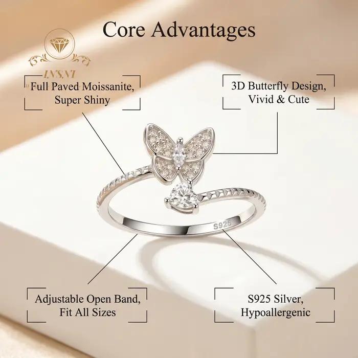 Bague en argent sterling S925 avec moissanite, motif papillon et cœur, ouverte et polyvalente, bijou de luxe léger et abordable, idéale pour le quotidien