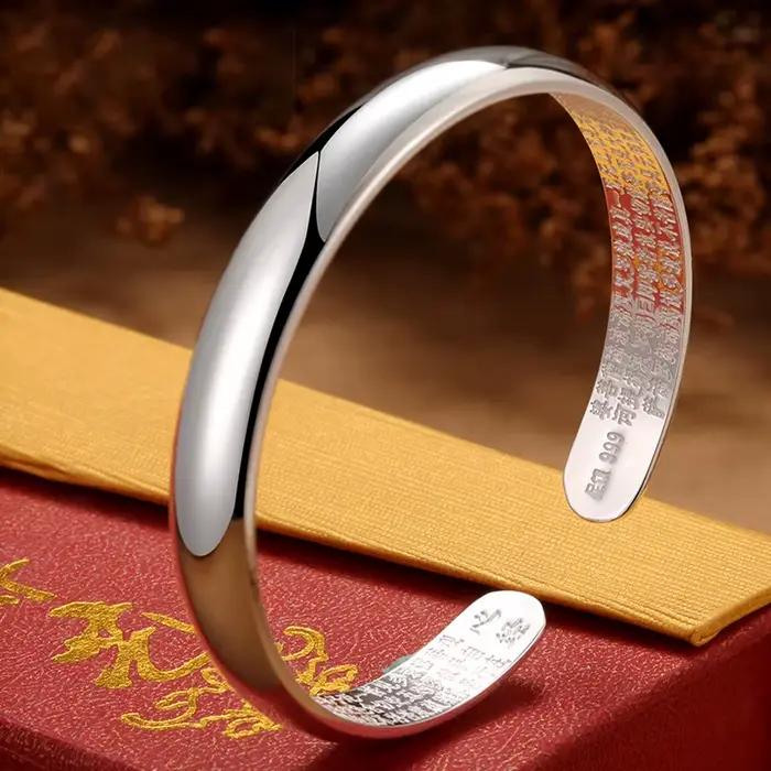 Bracelet en argent brillant motif Cœur Sutra, Bracelet ouvert en argent brillant simple et tendance, Bijou de main