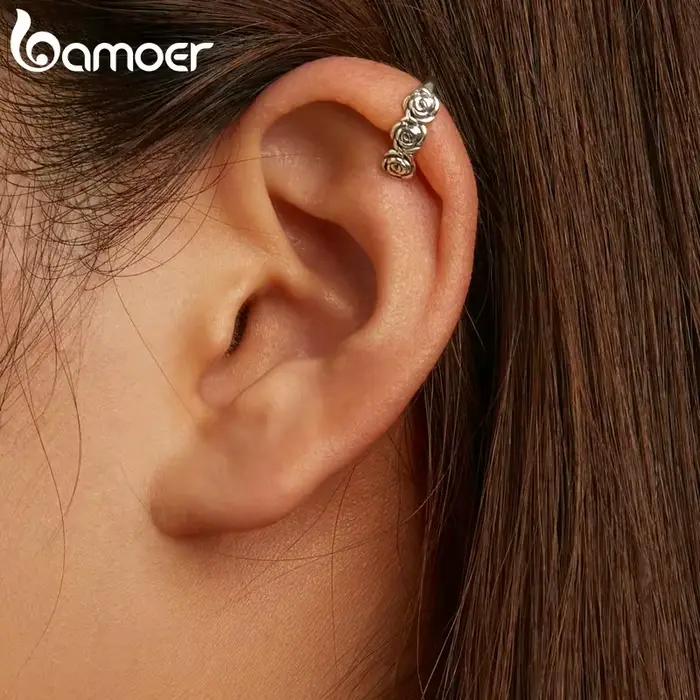 Bamoer 1 PC Vintage empilable Rose oreille manchette réel 925 en argent Sterling rétro fleurs oreille pince pour les femmes bijoux fins cadeau de mariage