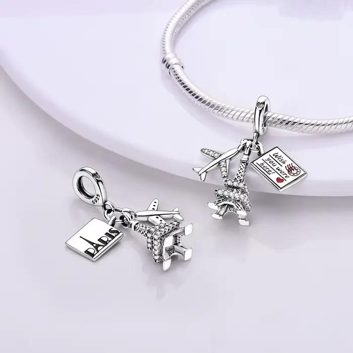Pendentif en argent sterling 925, perle, bracelet, bijoux, pendentif voyage à Paris