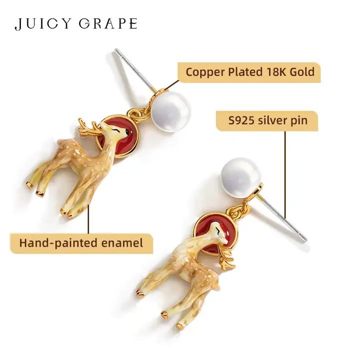 Juciy raisin 3D stéréoscopique Sika cerf boucles d'oreilles 925 argent aiguille à la main émail bijoux cerf boucles d'oreilles cadeau Unique