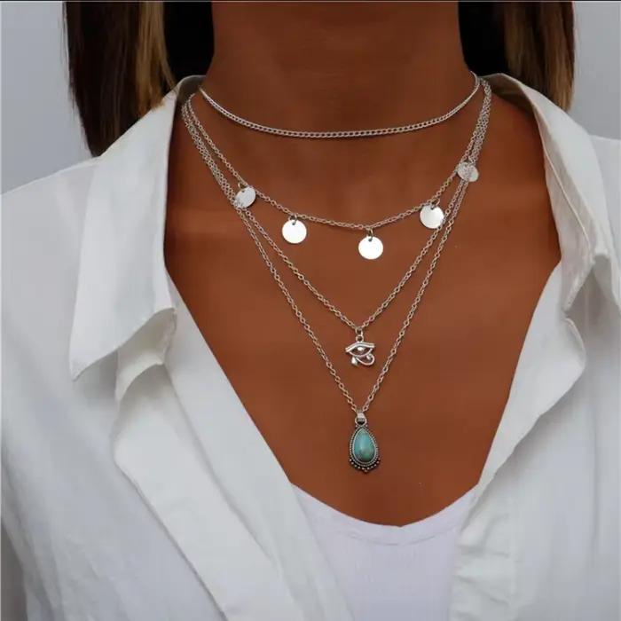 Collier Aihua bohème multicouche couleur argent avec pendentif œil pour femme, style vintage