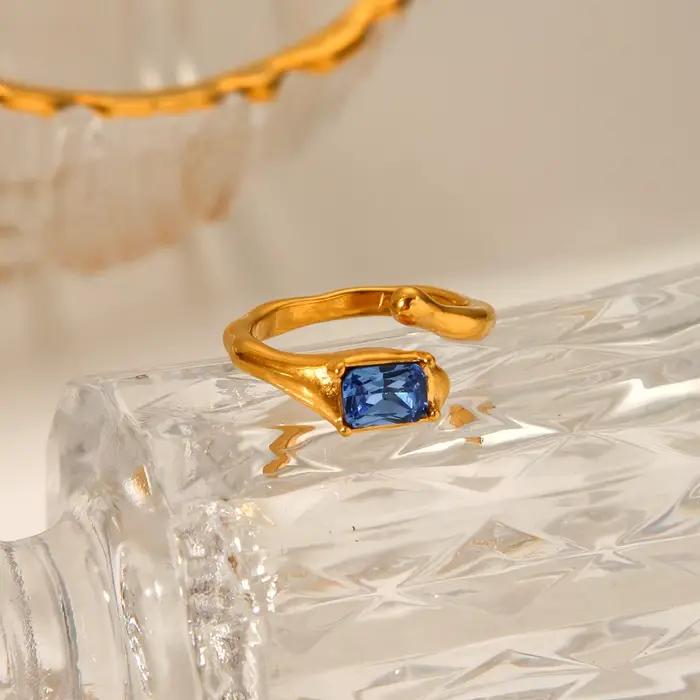 Huang Chao – bague plaquée or 18 carats incrustée de Zircon bleu, en acier inoxydable, bijoux de doigt, accessoires de Banquet pour femmes