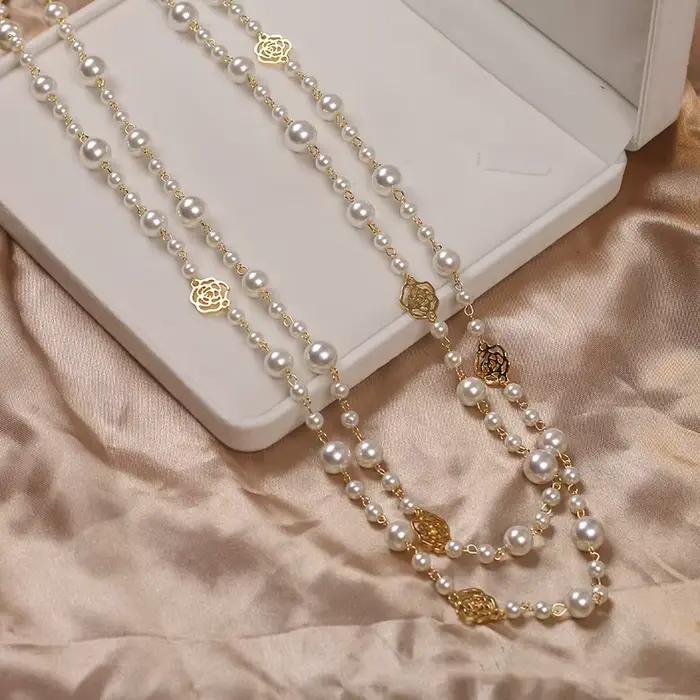 Vintage dame camélia perles fleur Long collier chaîne élégant Double couches mode bijoux pour les femmes fête Collares de moda