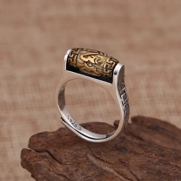 Bague Vintage en argent Sterling 925 pour hommes, perle rotative, écritures bouddhistes, bijoux à la mode, Index masculin, cadeau pour petit ami
