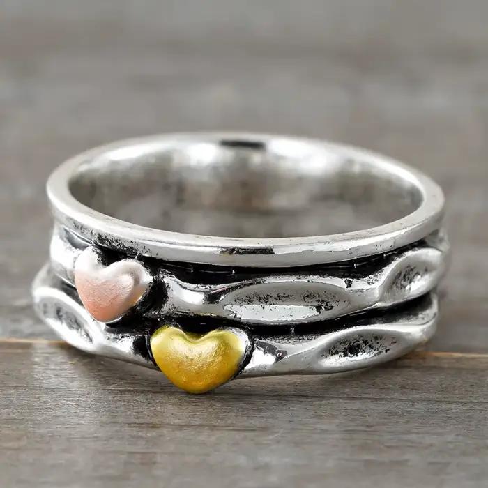 Bague double cœur Huitan pour femme, couleur argent antique, style vintage, bijoux hip-hop pour tous les jours et les fêtes, livraison directe