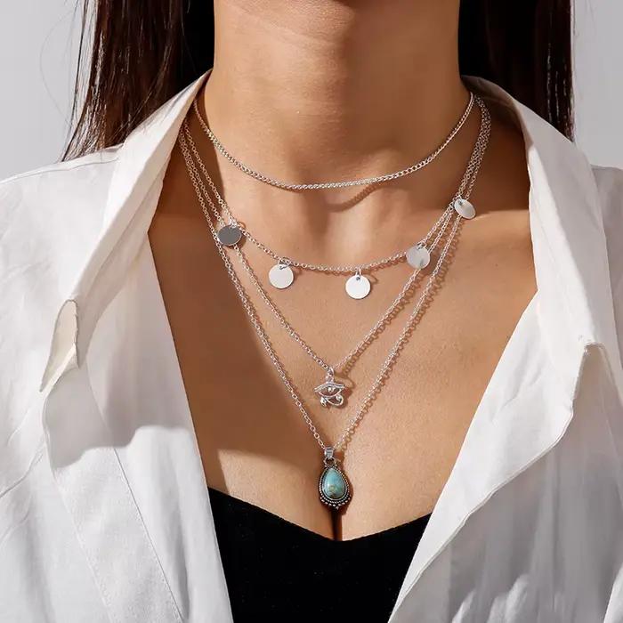 Collier Aihua bohème multicouche couleur argent avec pendentif œil pour femme, style vintage