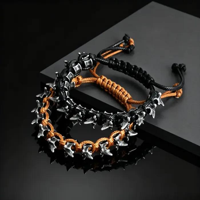 Bracelet ajustable en corde tressée avec épines de dragon gothique en métal pour hommes, bijoux punk hip-hop