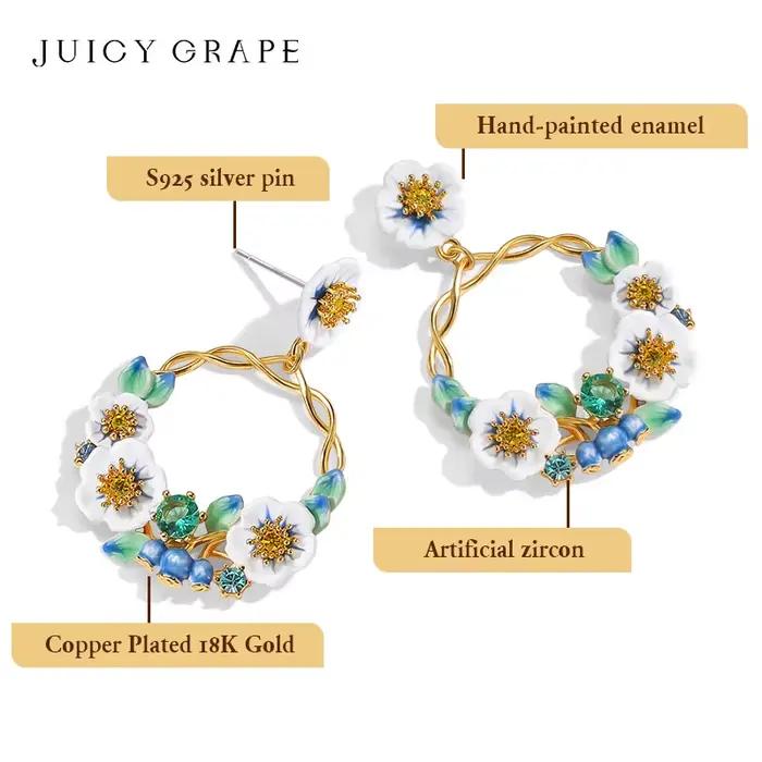 Boucles d'oreilles couronne de myrtille Boucles d'oreilles pendantes en myrtille Boucles d'oreilles fleur émaillée faites à la main Boucle d'oreille de fruits Plaqué or 18 carats Cadeau d'anniversaire
