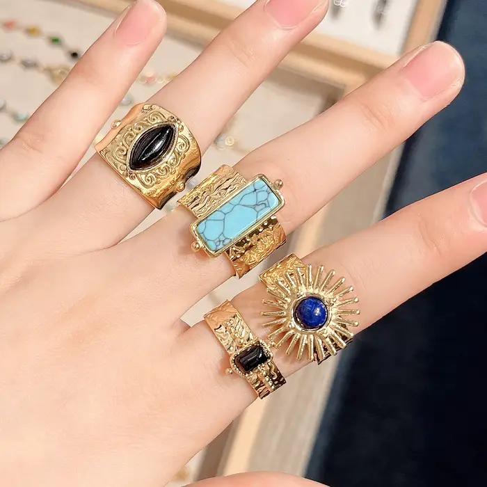 Bagues rétro imperméables en acier inoxydable pour femmes, uniques, de haute qualité, style bohémien, pierre naturelle, larges, ouvertes, bijoux, cadeau de fête, 2025