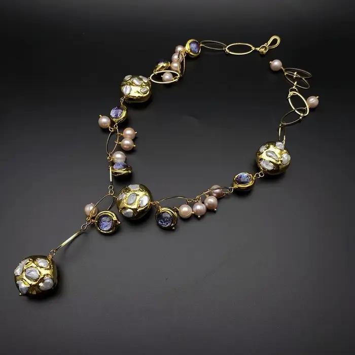 Y · YING perle Keshi blanche de culture d'eau douce perle rose violet chaîne en verre de Murano perle collier Y-Drop