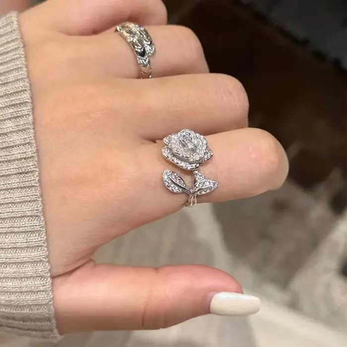 Bague Camélia avec diamant à haute teneur en carbone, 100% argent sterling 925 véritable, bagues de fiançailles et de mariage pour femmes, bijoux de mariée, cadeau