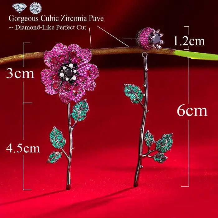 Boucles d'oreilles Pera CZ en zircone cubique plaquées or noir pour femmes avec motifs fleurs et feuilles pour occasions spéciales