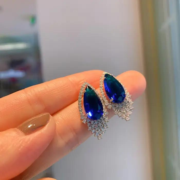 Parure de bijoux goutte d'eau en zircon et saphir élégante pour femmes mariage anniversaire cérémonie occasions spéciales