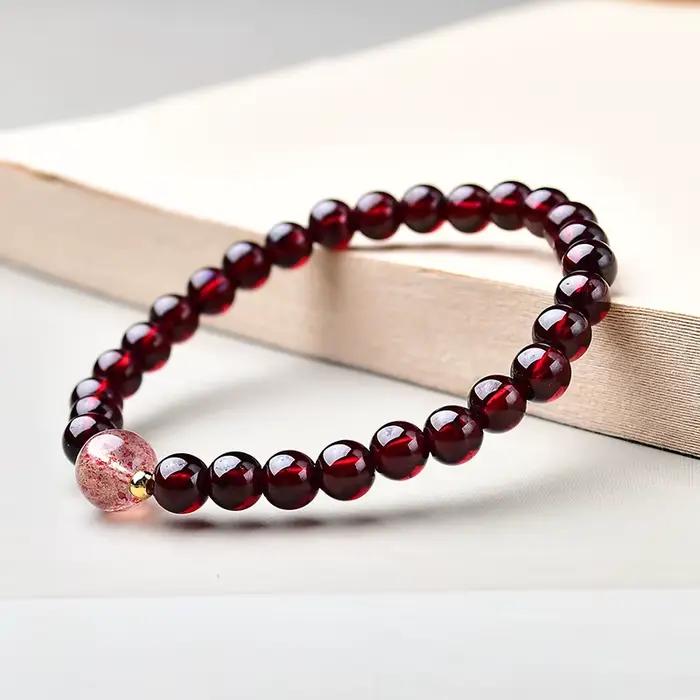 Bracelet grenat naturel pour femmes, perles porte-bonheur, grenade rouge, cristal de fraise, fleur de pêcher, breloques de luxe légères