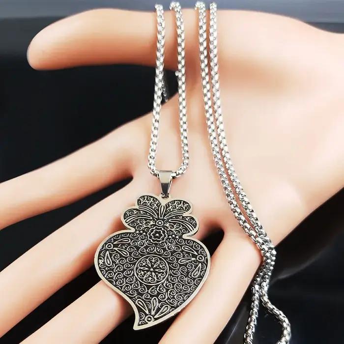 Portugal Folk Viana coeur fleur pendentif collier pour femmes hommes en acier inoxydable couleur argent chaîne bijoux