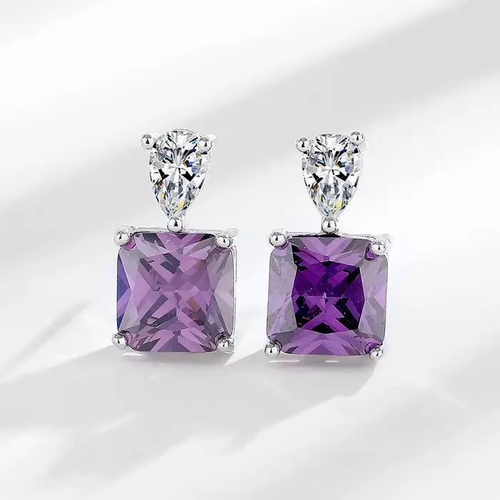 Boucles d'oreilles pendantes en cristal violet pour femmes, zircon taillé carré en forme de goutte d'eau, clous d'oreilles en argent 925, bijoux de mariée