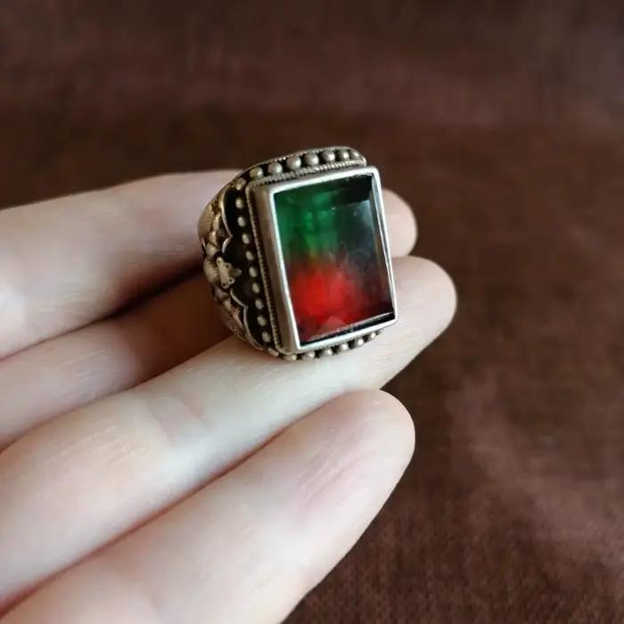 Bague en argent vieilli incrustée de tourmaline, support de bague carré effet glace, bague ethnique