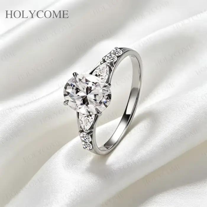 Bague en argent sterling 925 plaquée or 18 carats avec moissanite taille ovale/poire/ronde couleur D/champagne pour occasions spéciales pour femme bijou de luxe élégant à offrir