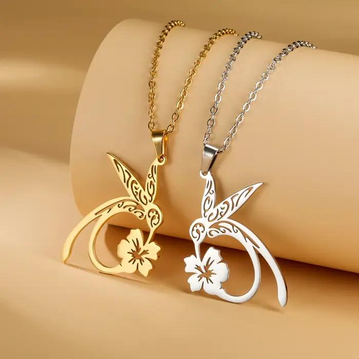Collier pendentif Fleur Colibri acier inoxydable couleur or pour femmes occasions spéciales mariage anniversaire cadeau fantastique