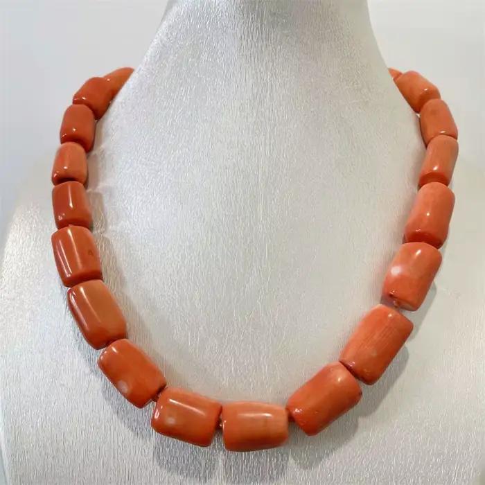 Collier de luxe géométrique en corail orange, pierre précieuse irrégulière, chaîne simple en lasso,