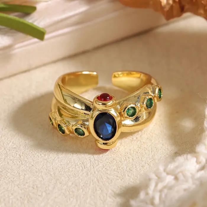 Bague de luxe plaquée or avec pierres précieuses pour femme - Bijou fantaisie incrusté de zircons colorés - Cadeau unique et remarquable