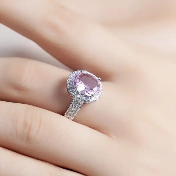 Bague de fiançailles pour femme en argent sterling 925 géométrique avec pierres en zirconium rose pour engagement romantique