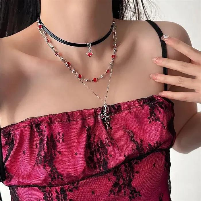 Collier réglable Vintage avec pendentif croix en Zircon noir pour femmes et hommes, chaîne multicouc