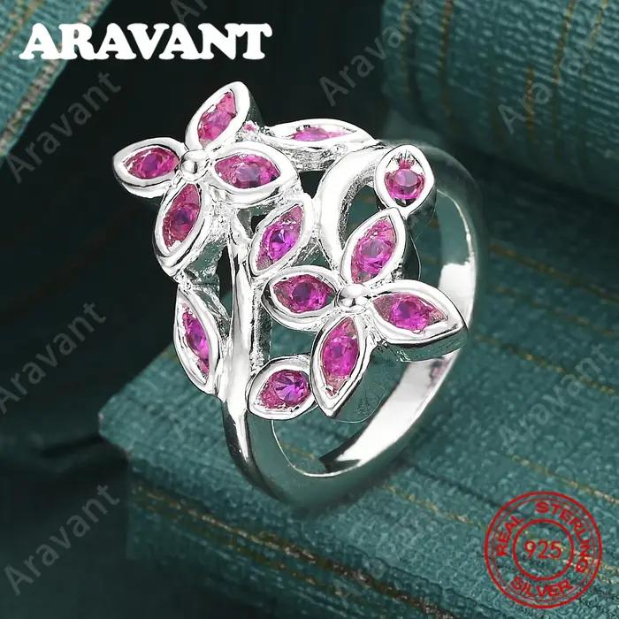 Bague trèfle à quatre feuilles en argent sterling 925 avec zircon violet - Un bijou de fiançailles frais et élégant pour femme.