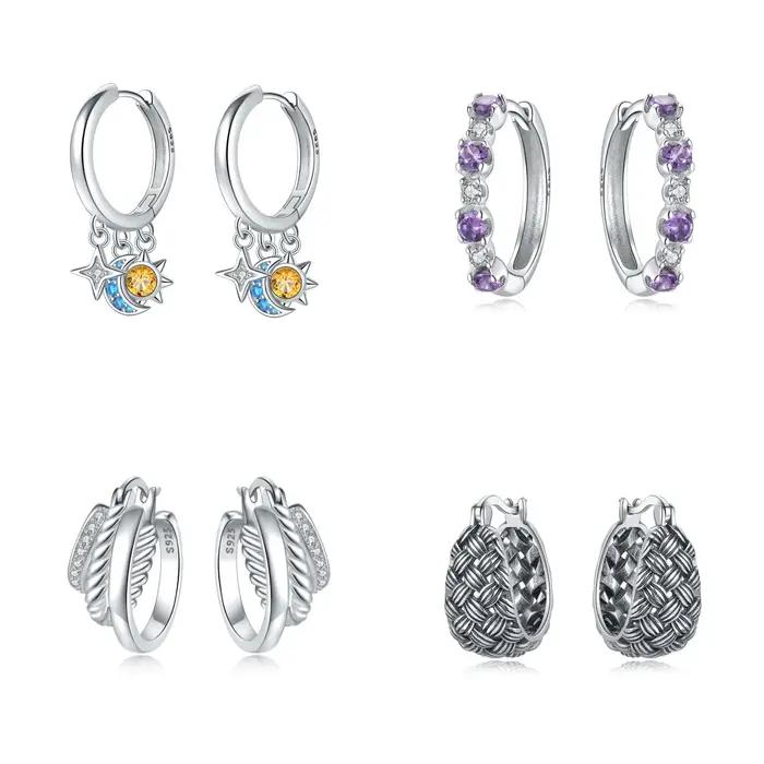 Boucles d'oreilles à pampilles de lune et de soleil en forme d'étoile en argent sterling 925