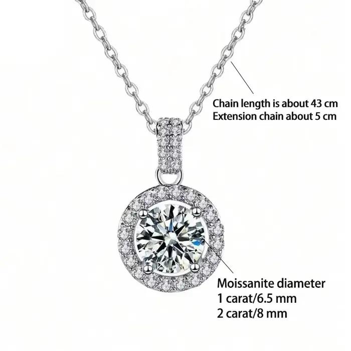 Collier pendentif rond élégant et tendance en argent 925 avec moissanite 1 carat/2 carats et design