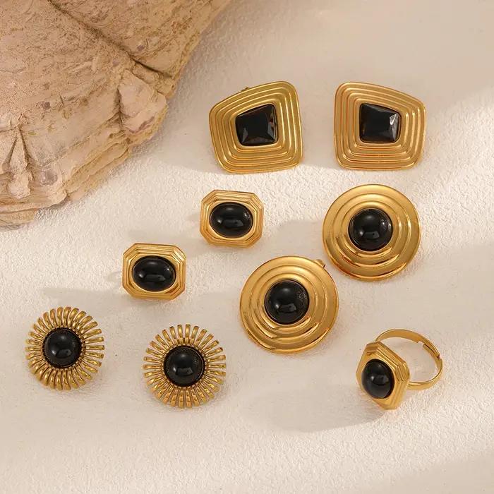 Ensemble d'accessoires de bijoux en acier inoxydable incrusté d'obsidienne pour femmes