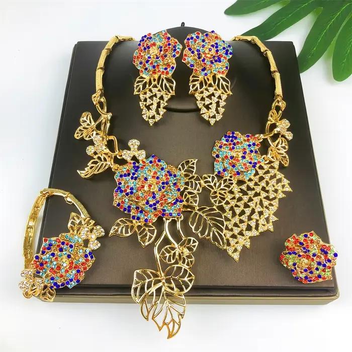Ensemble de bijoux plaqués or 18 carats vintage pour femmes, collier, boucles d'oreilles, bracelet,
