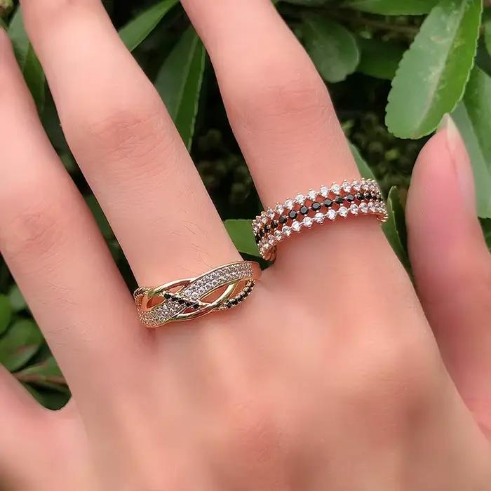 Kinel – bagues en or Rose pour femmes, accessoires Vintage, Zircon naturel brillant, noir et blanc, bijoux fins, tendance 585
